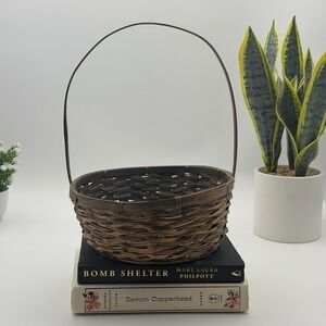 Vintage Woven Wood Round Basket with‎ Tall Handle Brown Rustic Farmhouse Decor